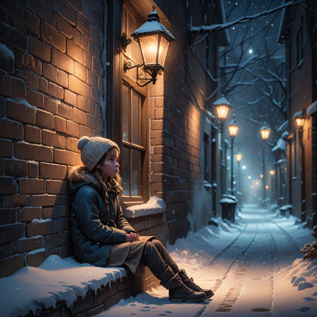 Girl in Cozy Alley on Winter Night, Ethereal Glow