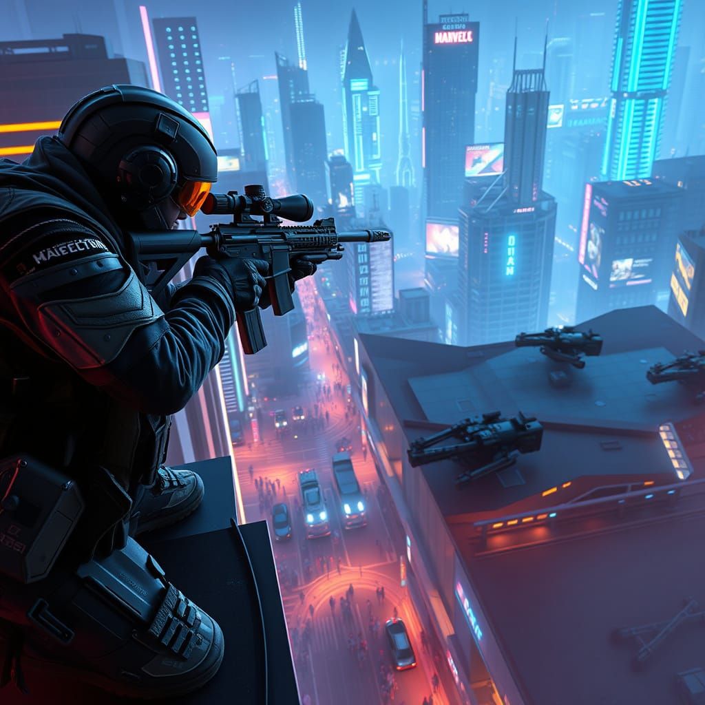 Cyberpunk Rooftop Sniper in High-Tech Ambush
