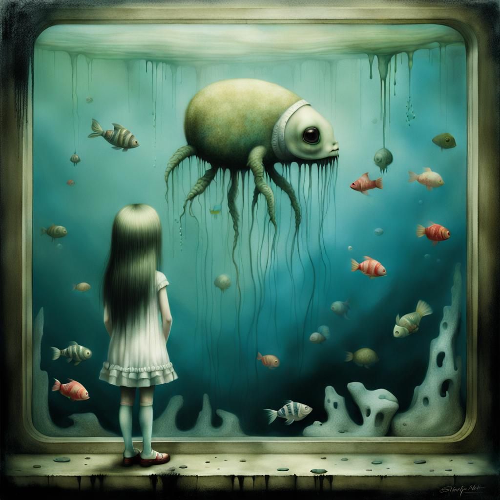 Sinister Aquarium Visit in Surrealist Style