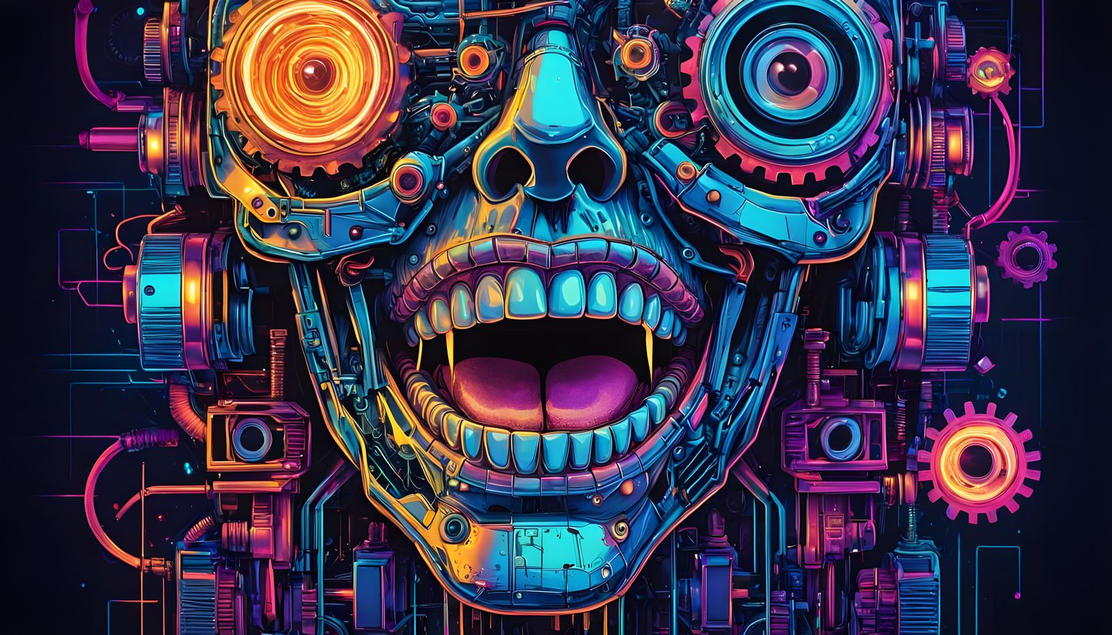 Mechanical Mouth and Eyeballs in Synthwave Neon Style