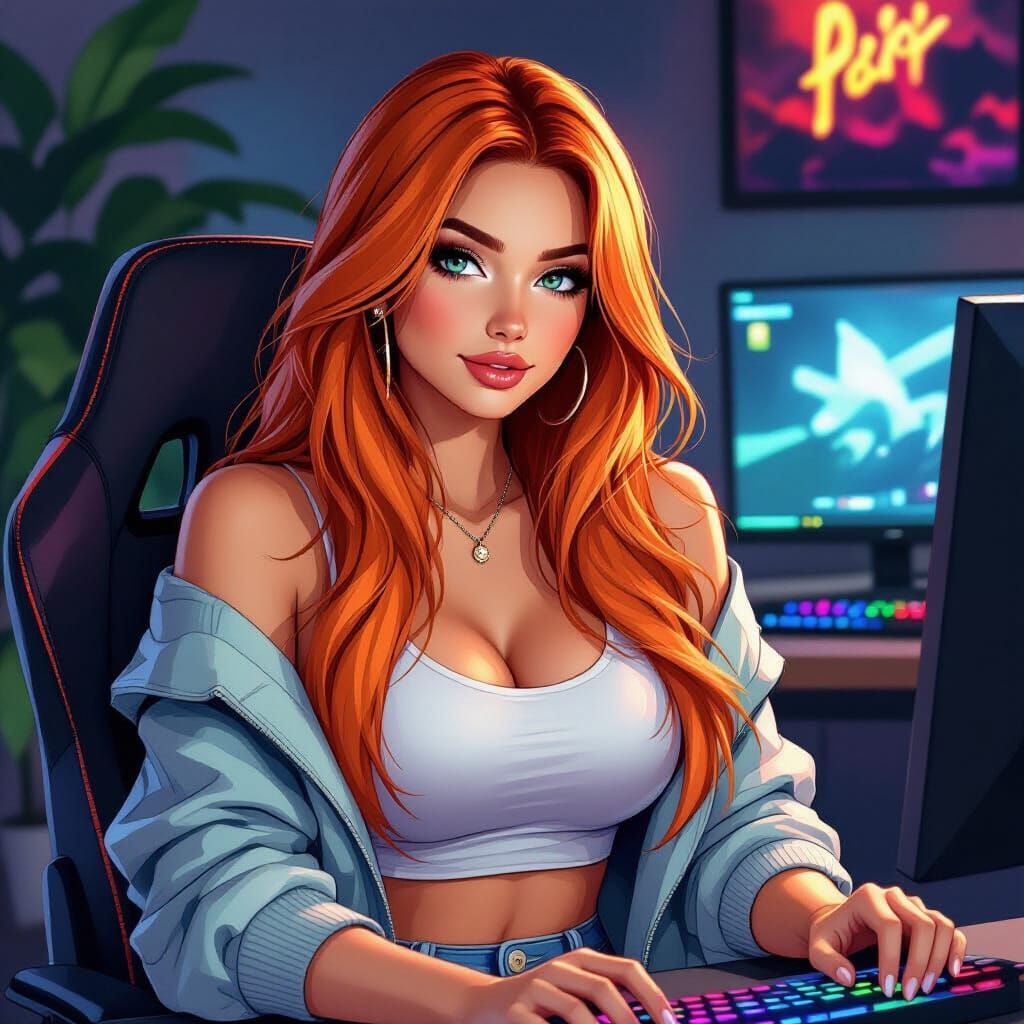 Woman Gaming with Orange Hair in Digital Art Style