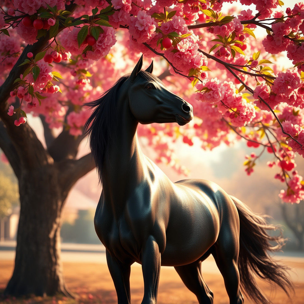 Black Horse Under Cherry Tree: Detailed Matte Painting