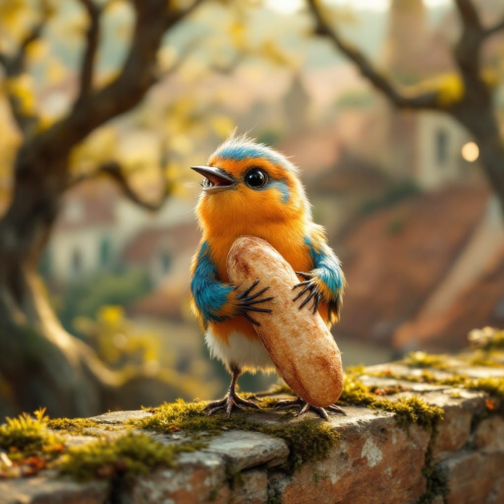 Little Bird Finds Lucky Baguette in Hyperrealistic Art