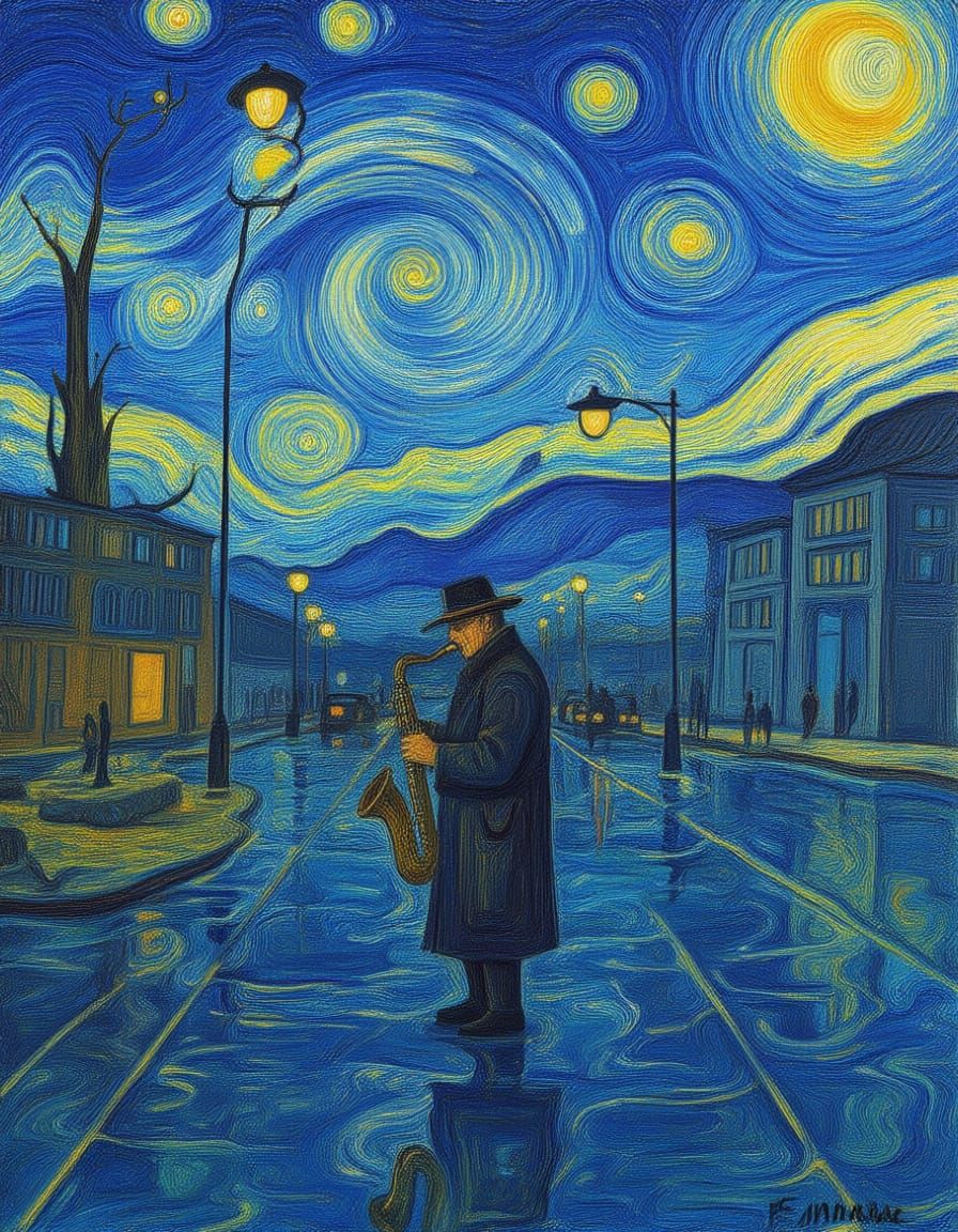 Melancholic Saxophonist in Rainy City, Impasto Painting