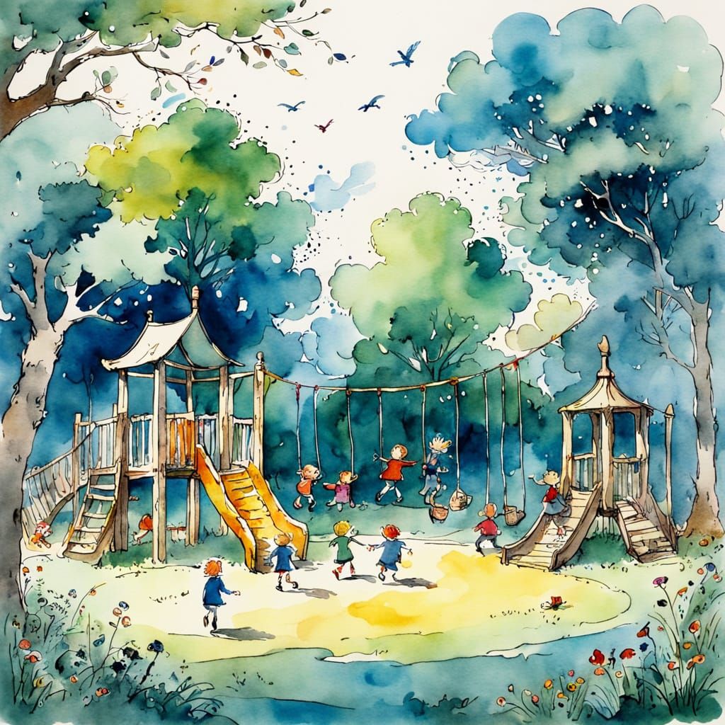 Charming Watercolor Illustration of a Busy Playground