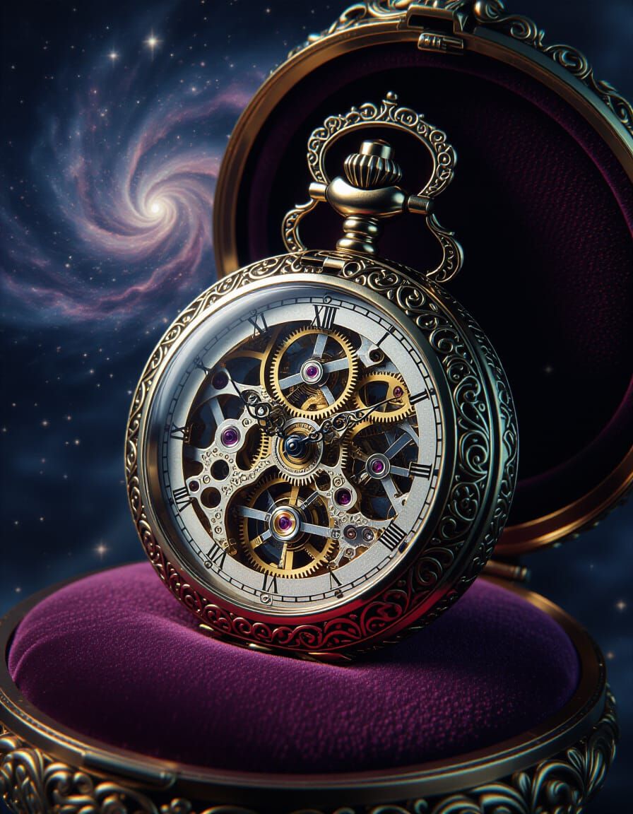 Glowing Pocket Watch in Cosmic Vortex