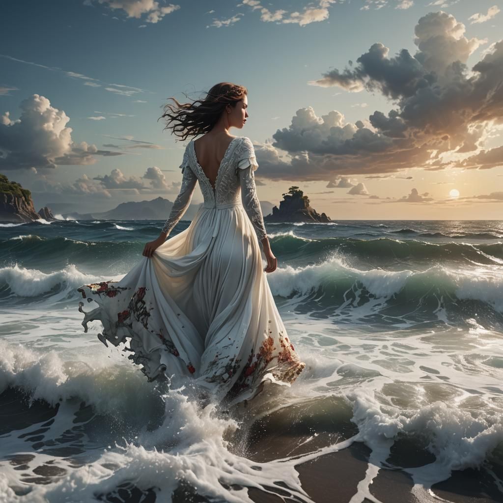 Ethereal Woman Fading into Ocean: Digital Matte Painting