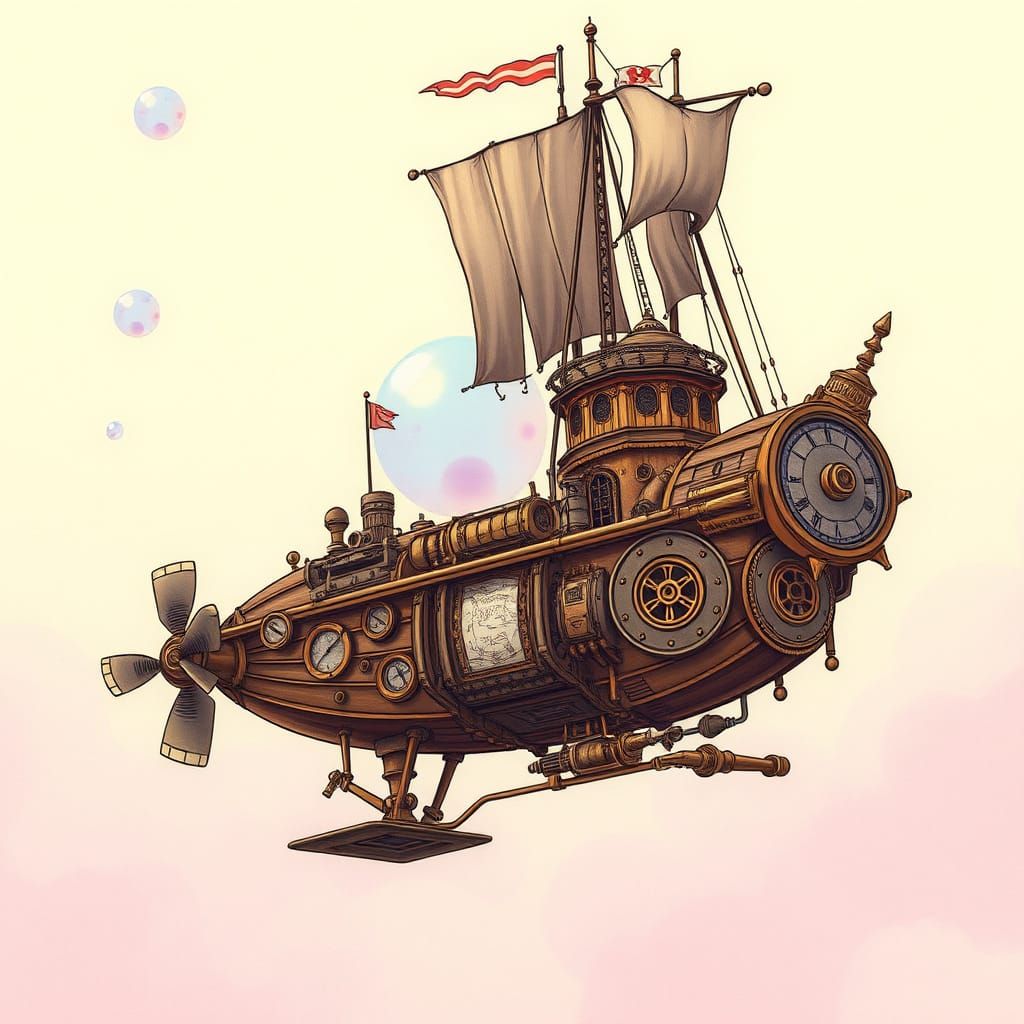 Steampunk Airship Powered by Bubbles in Pastel Sky