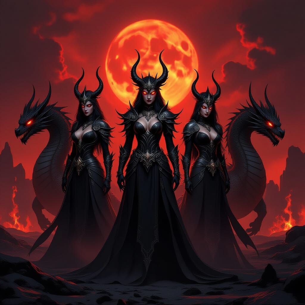 Dragon Goddesses and Companions in Volcanic Landscape