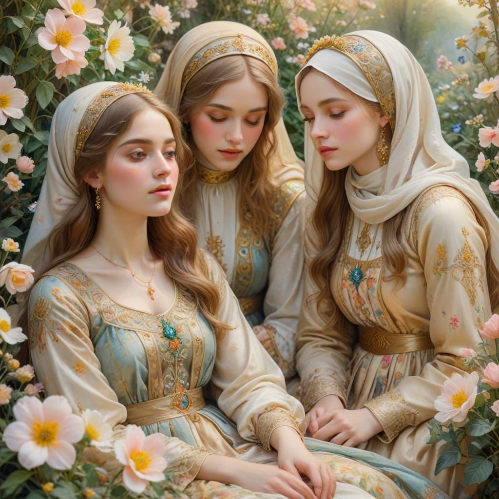 Pre-Raphaelite Princesses in a Lush Floral Garden