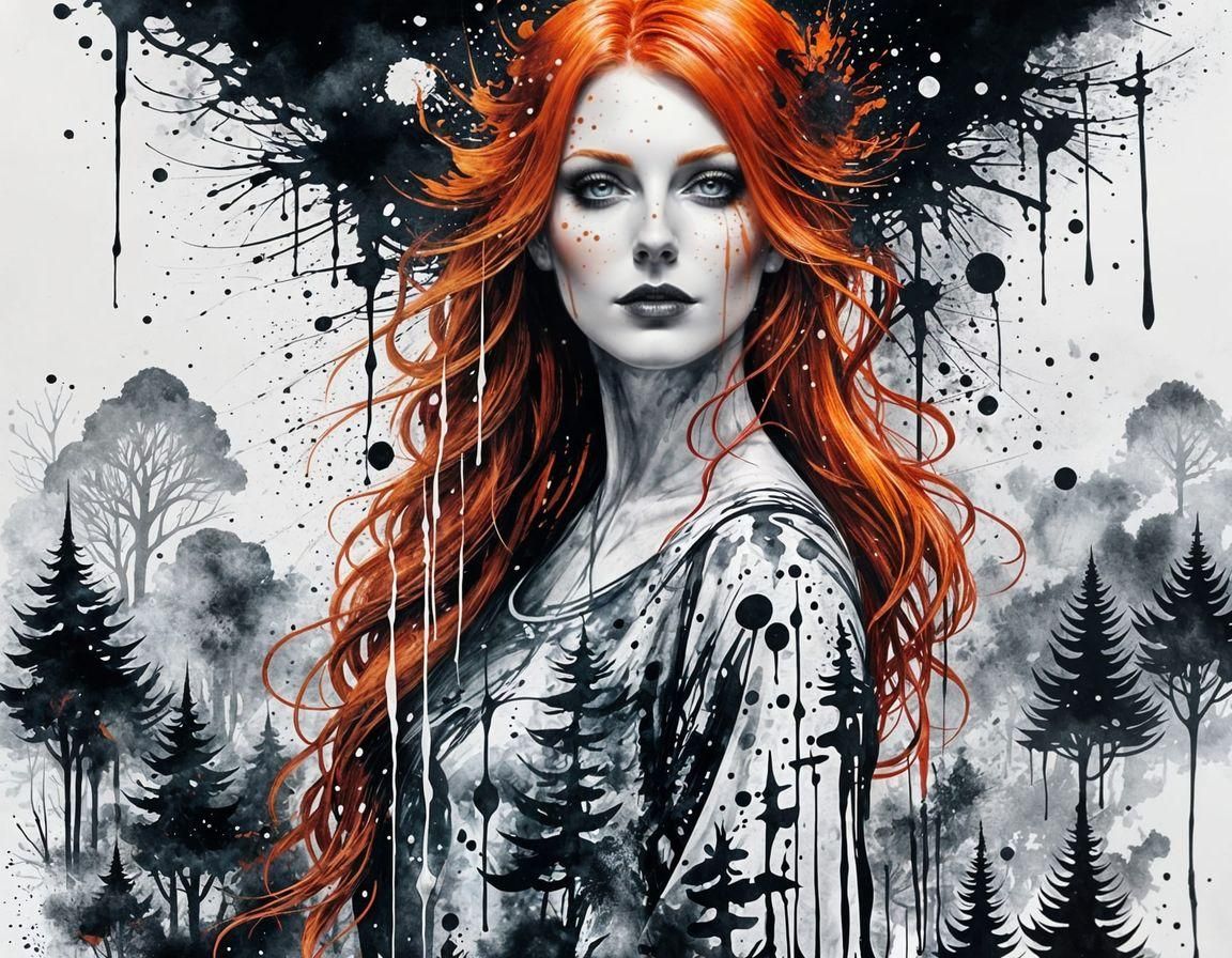 Redhead Sorceress Portrait in Chinese Ink Style