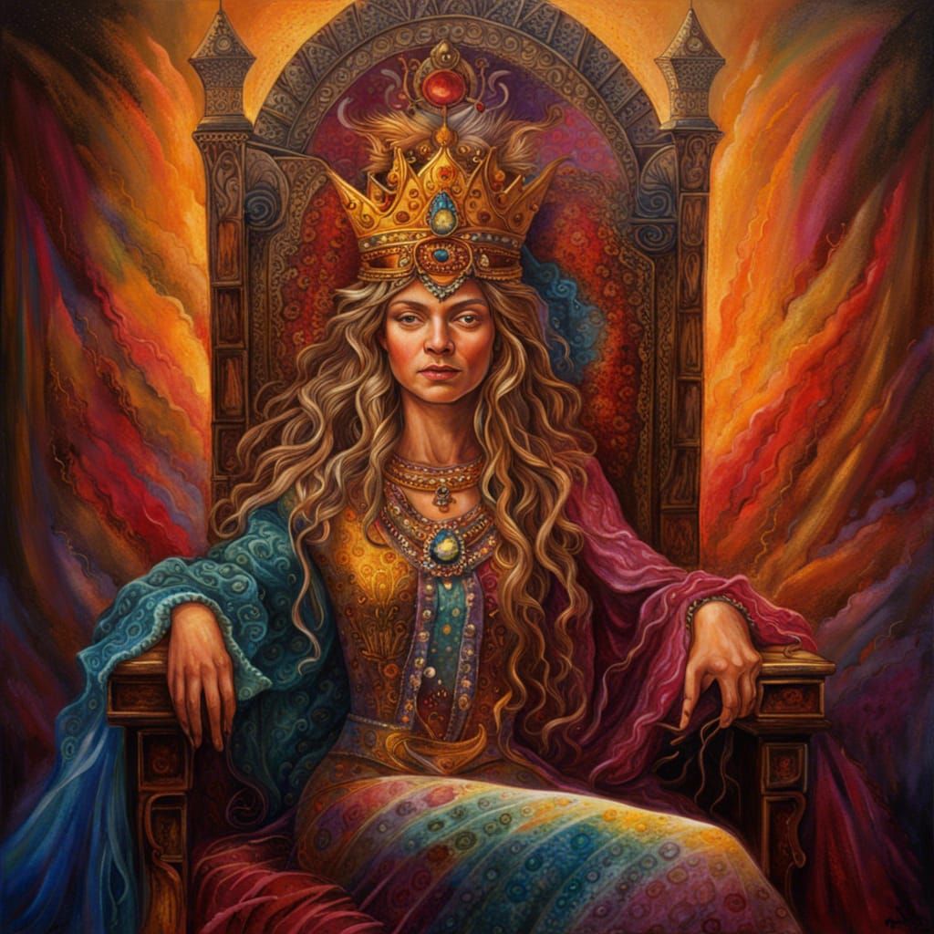 Queen on Throne: Hyperrealistic Splash Art Portrait