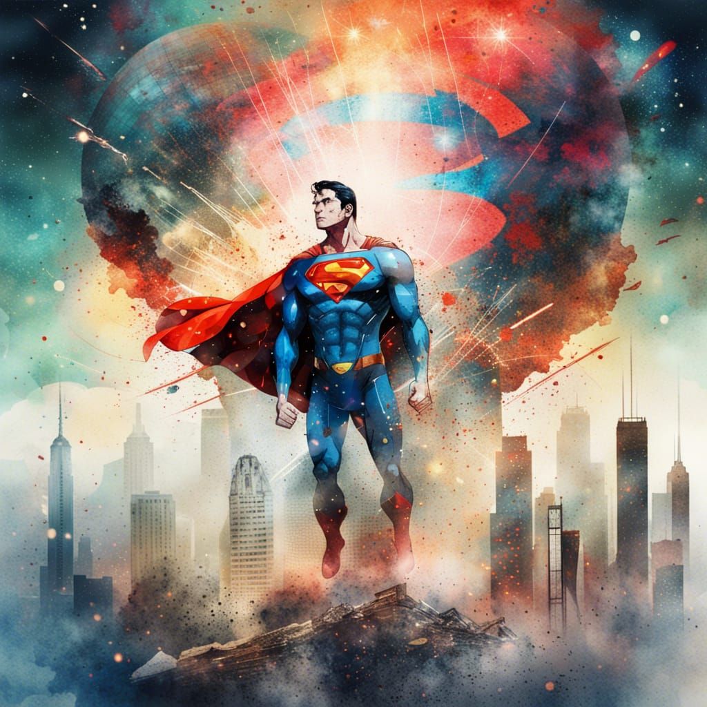 Superman Double Exposure Portrait in Watercolor Style