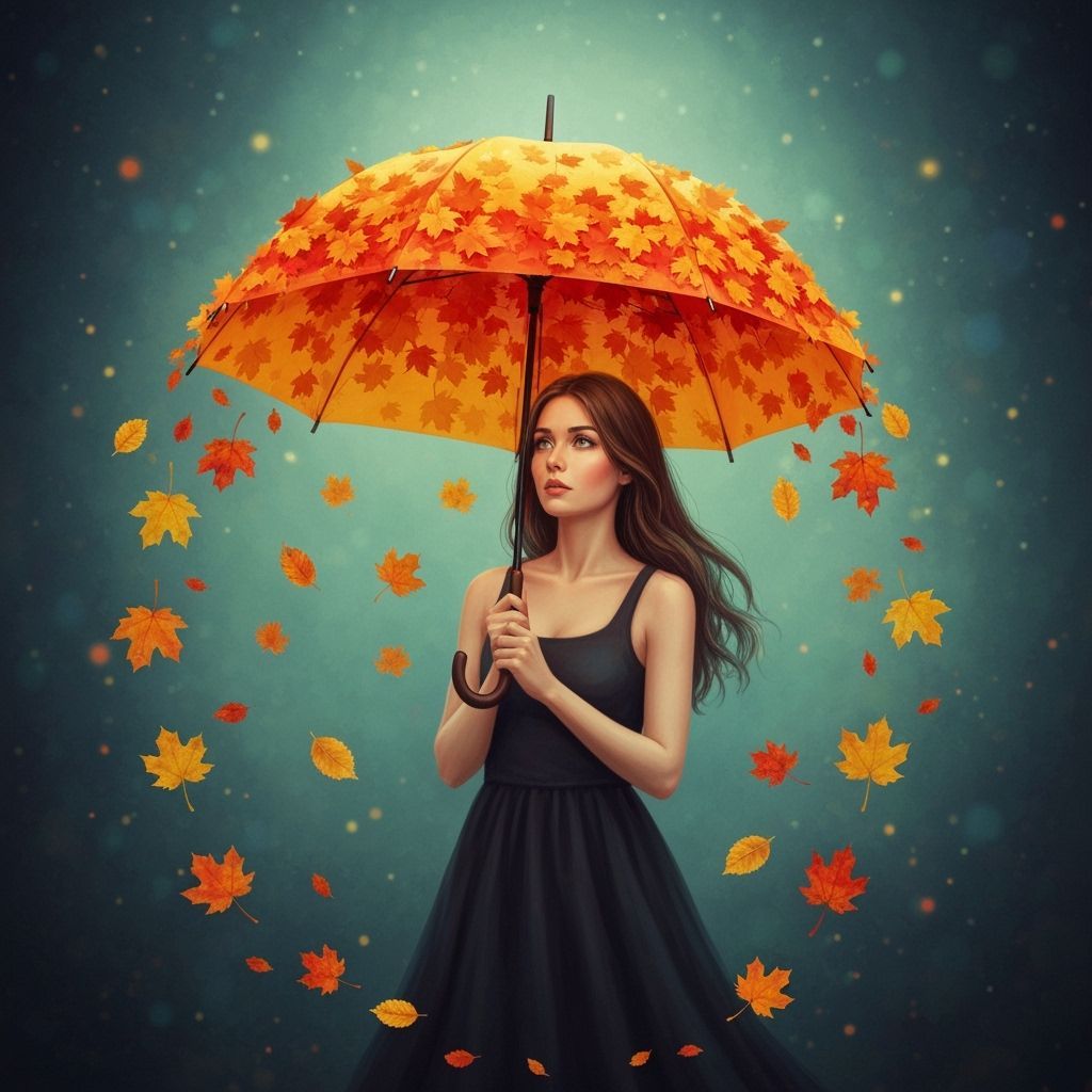 Ethereal Autumn Scene: Woman with Leaf Umbrella