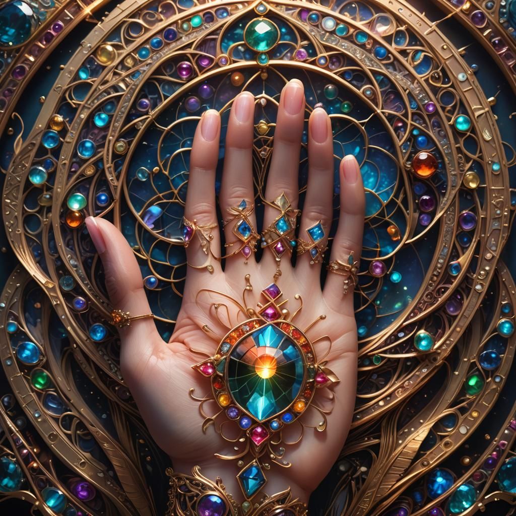Bejeweled Hand Holding Sacred Geometry Symbol