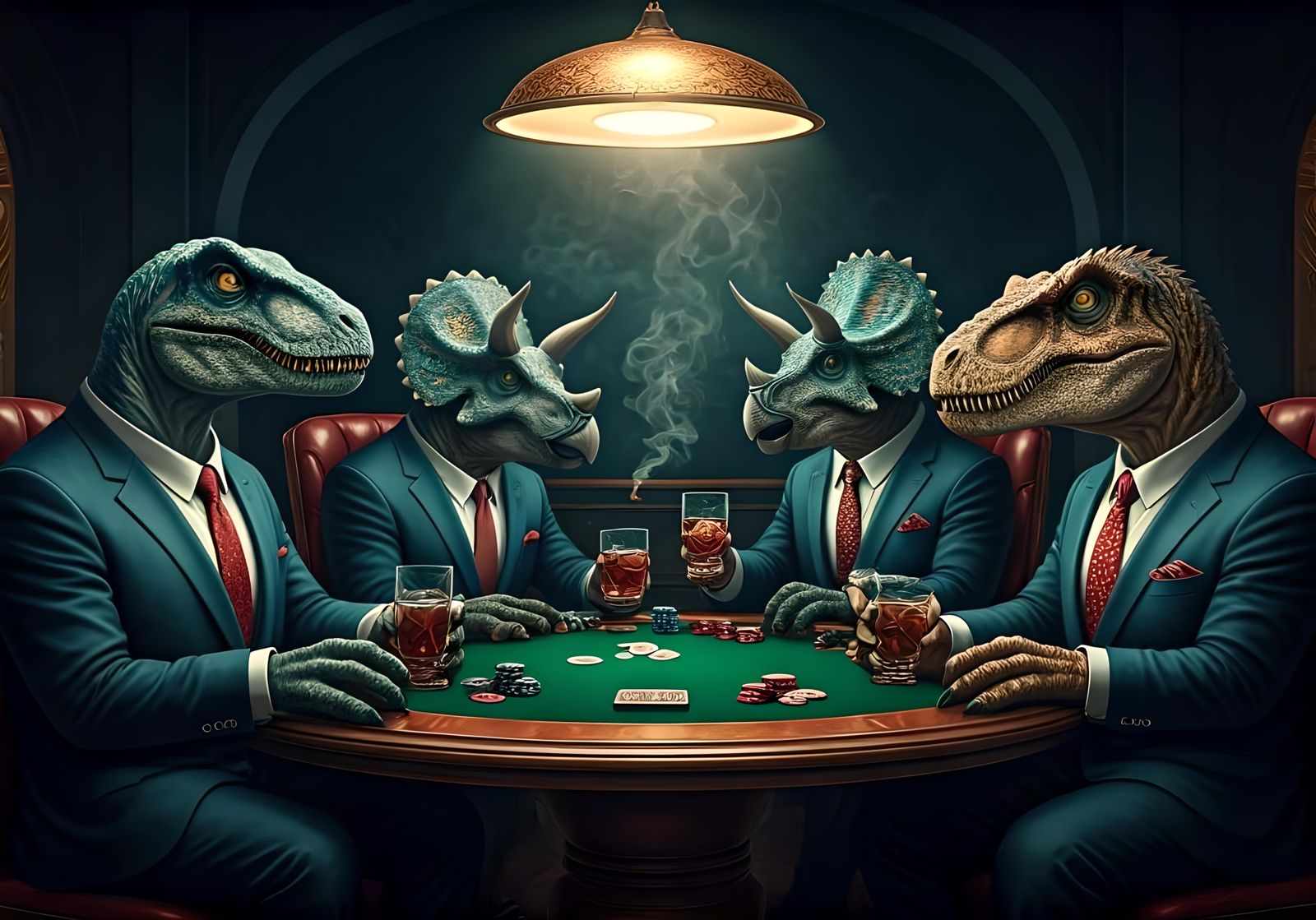 Dinosaurs Play Poker in a Cinematic Film Still