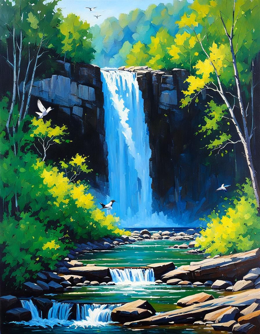 Lush Waterfall Scene in Oil Painting Style