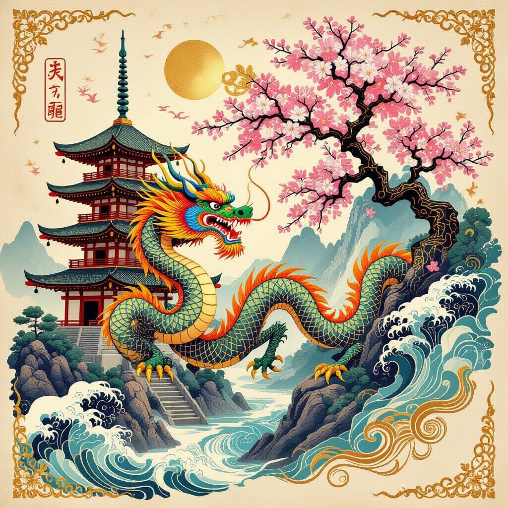 Asian Dragon Kano-ha Illustration with Pagoda and Blooming T...