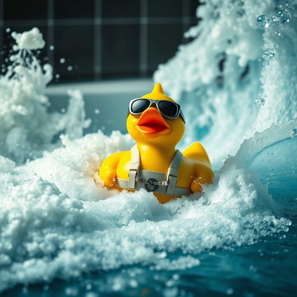 Surreal Hyper-Realistic Rubber Duck Riding a Wave in a Batht...