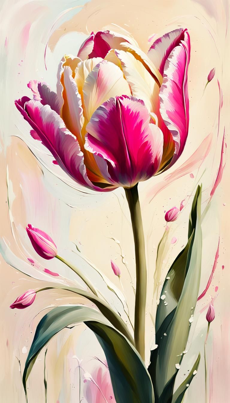 Pink Tulip Impasto Oil Painting in Neutral Tones