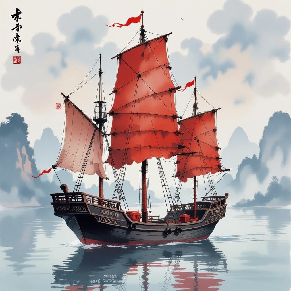 Chinese Junk Ship in Traditional Ink Painting Style