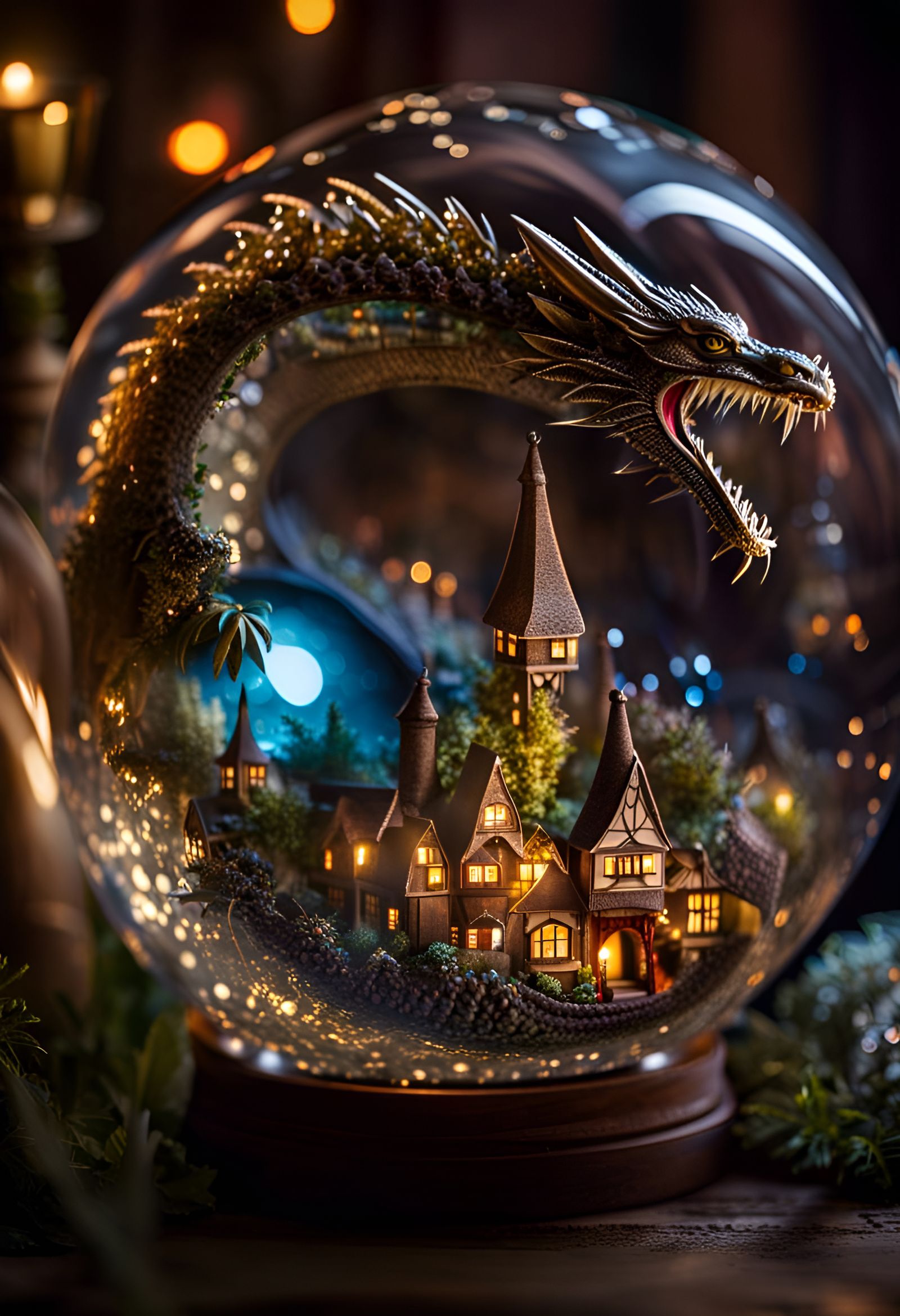 Fantasy scene in glass sphere
