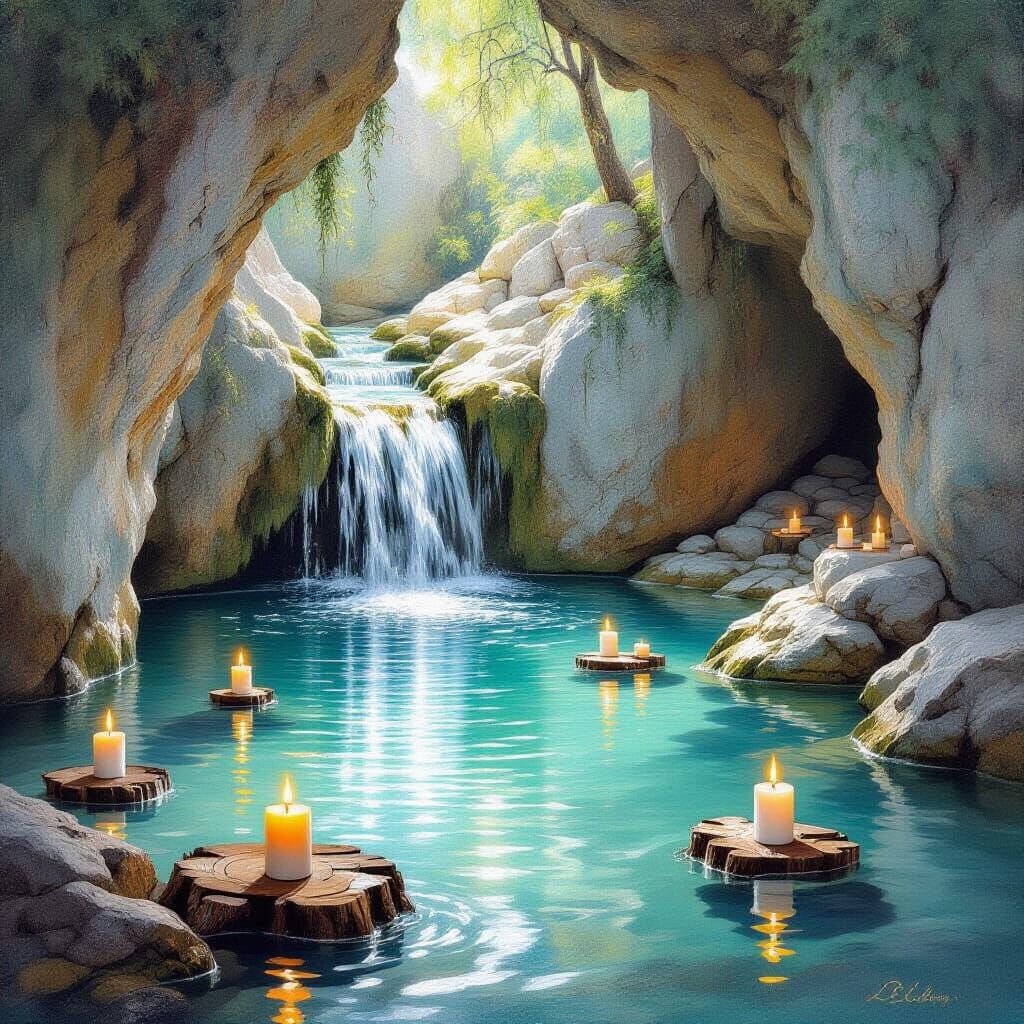 Pastel Oil Painting of a Candlelit Grotto with Waterfall