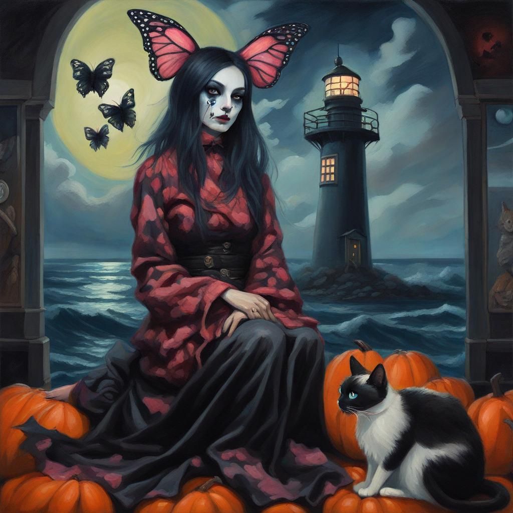 Haunted Lighthouse with Butterfly Woman: Oil Painting
