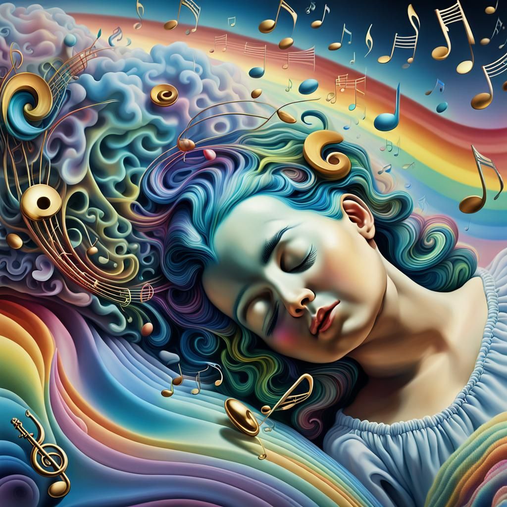 Surreal Baby Brain Surrounded by Rainbow Sound Waves