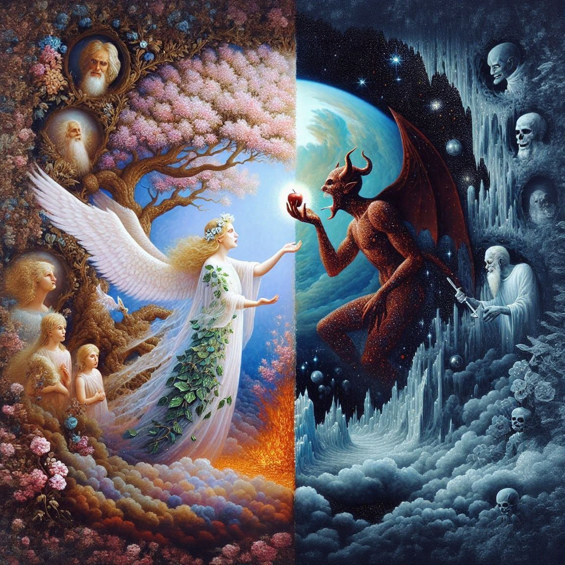 Battle of Good vs Evil Fresco with Contrasting Realities