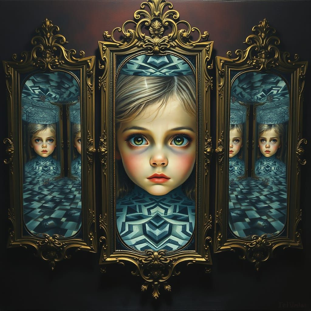 Girl Gazes Into Infinite Mirror Reflections in Surreal Oil P...