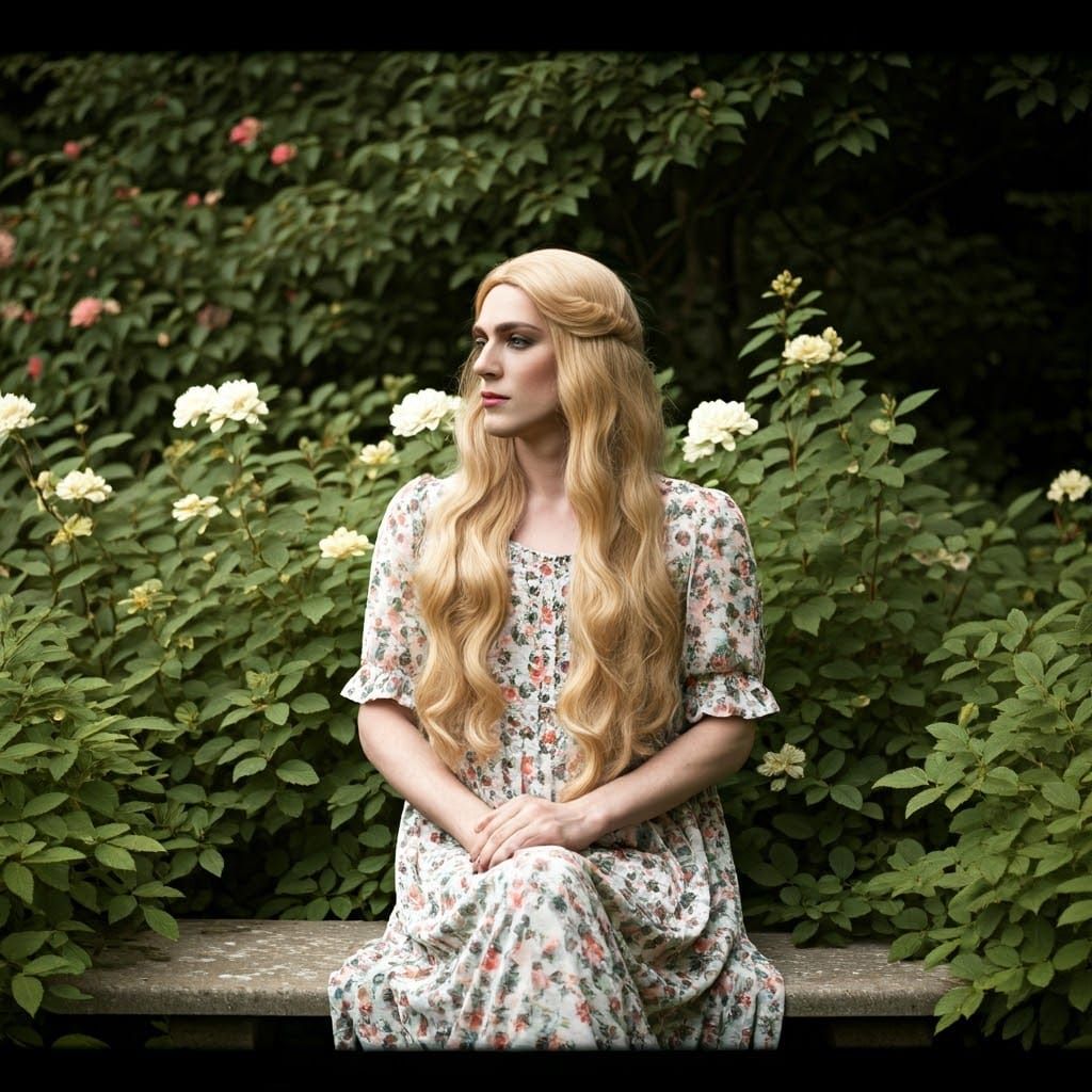 Pensive Young Person in Floral Dress on Stone Bench