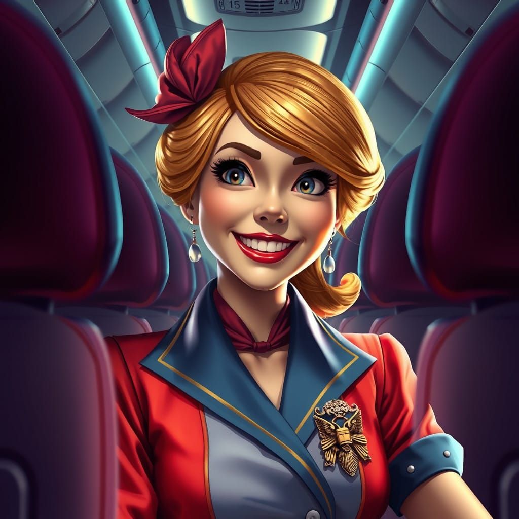 Friendly Stewardess Entertains Passengers in a Vibrant, Fant...