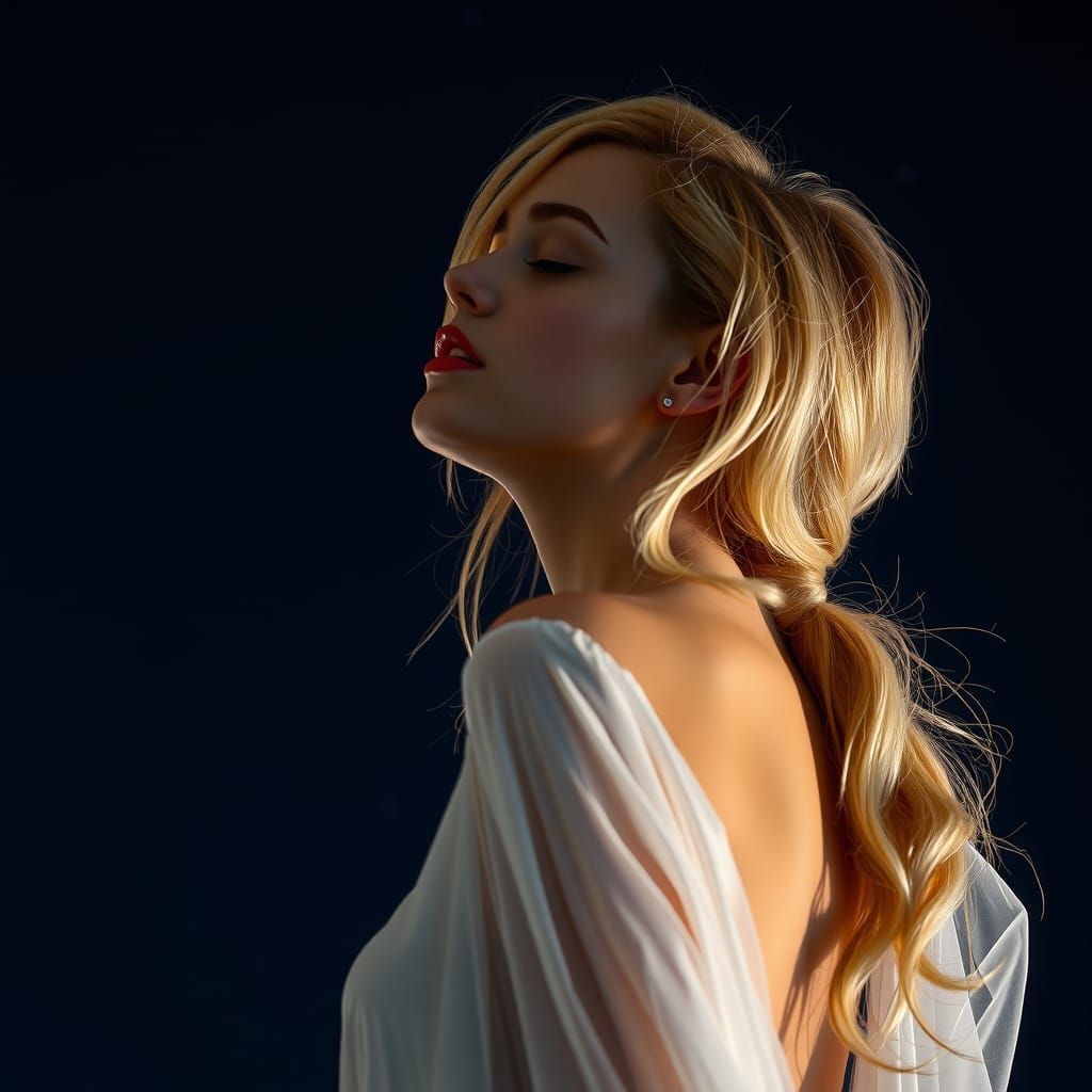 Corps entier vu de profil d'une jeune femme blonde,