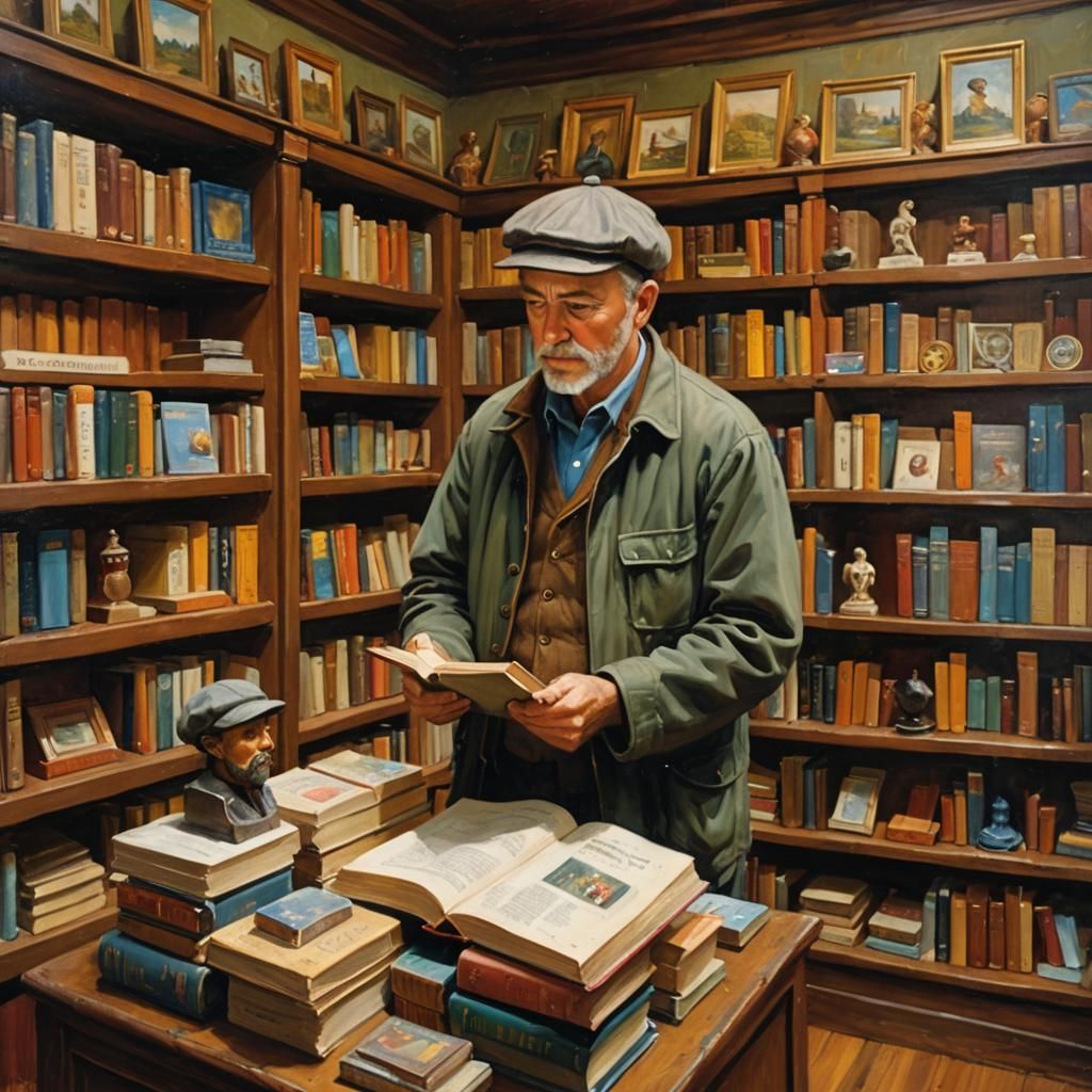 Man Browsing Books in a Charming Bookstore as Oil Painting