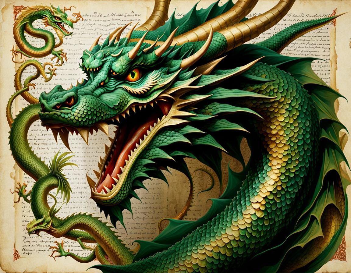 Dragon Portrait on Antique Parchment in Cel-Shaded Style