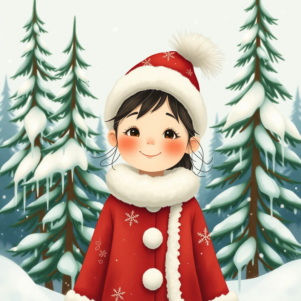 Whimsical Winter Girl in Festive Snowy Wonderland