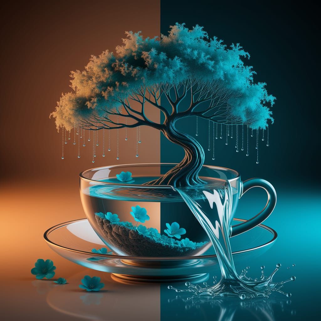 Fantastical Tree in Teacup with Waterfall