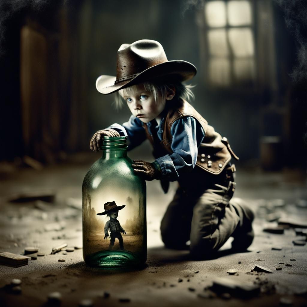Tiny Cowboy Emerges from Bottle: Gothic Photograph