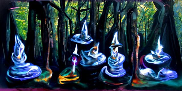 Sorcerers Casting Magic in Forest, Oil Painting