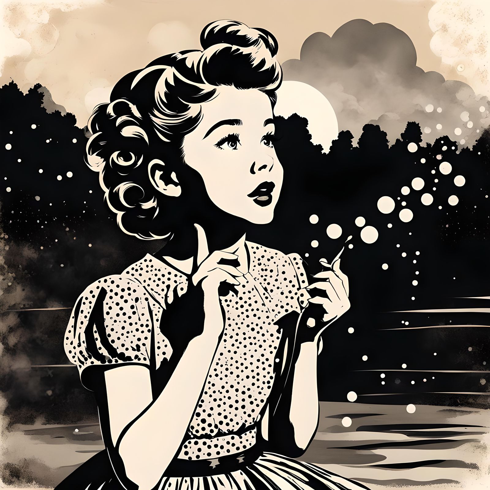 Girl in 50s Dress with Speech Bubble, Sumi-e Style