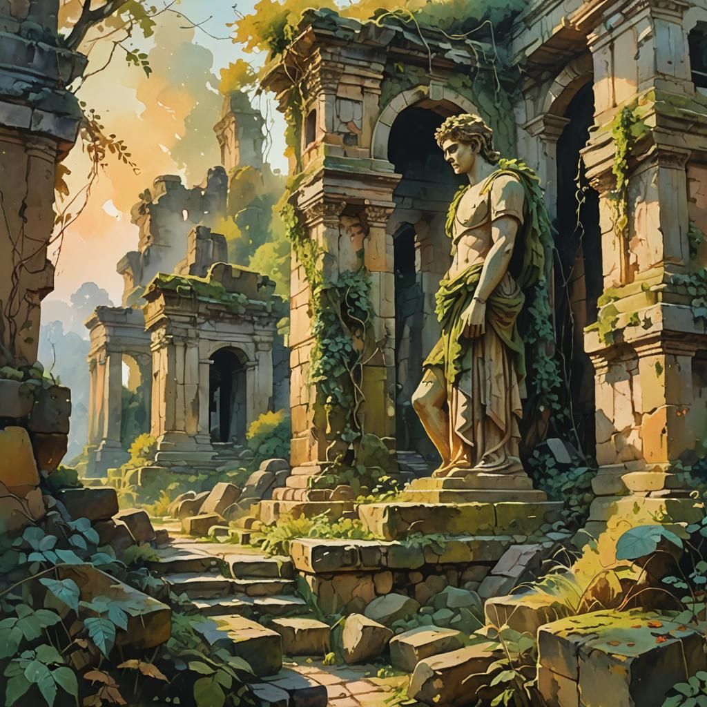 Impressionist Gouache of Ancient Ruins at Golden Hour