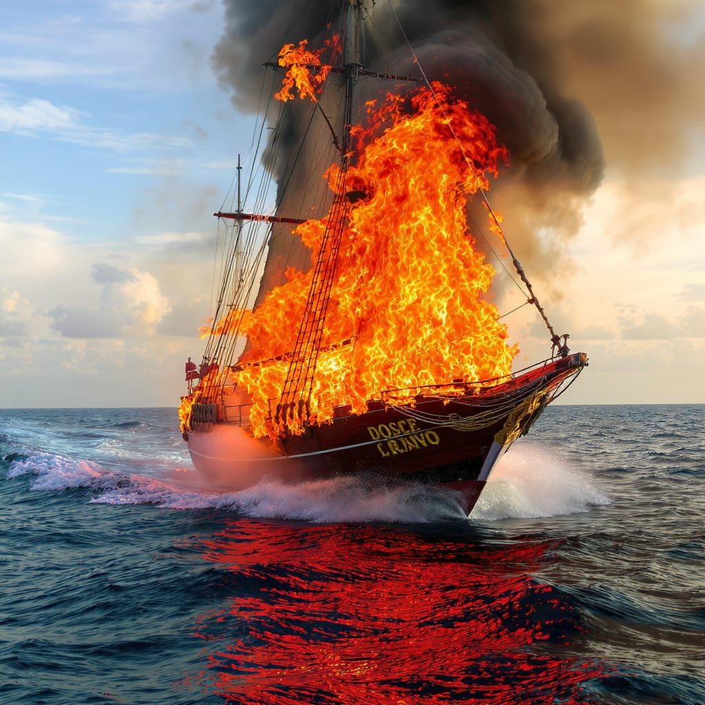 Burning Boat Adrift on the Open Ocean