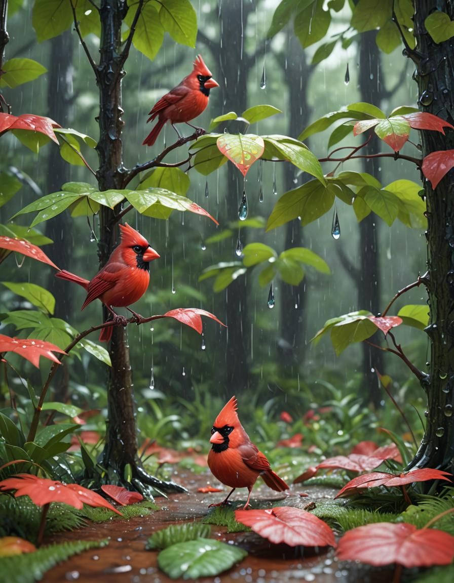 Rainy forest with real life Angry birds, Northern Cardinals