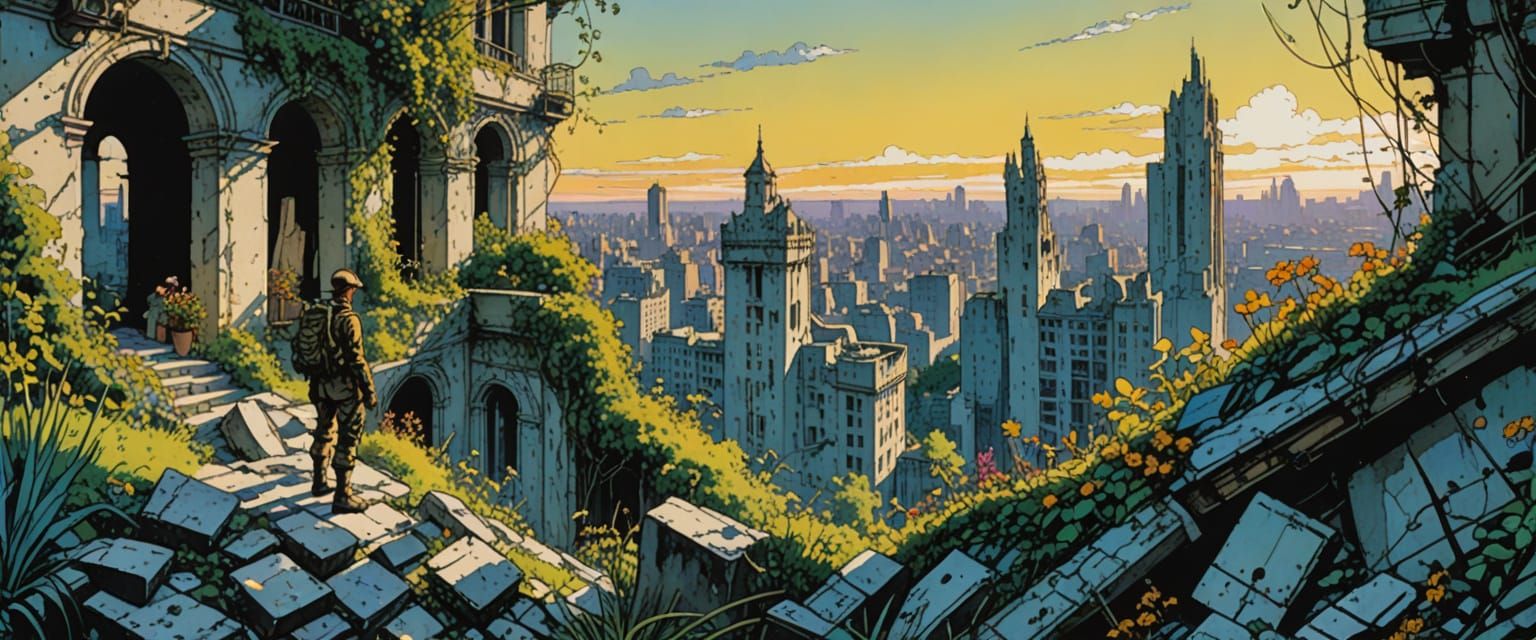 Overgrown City Ruins in Comic Book Style