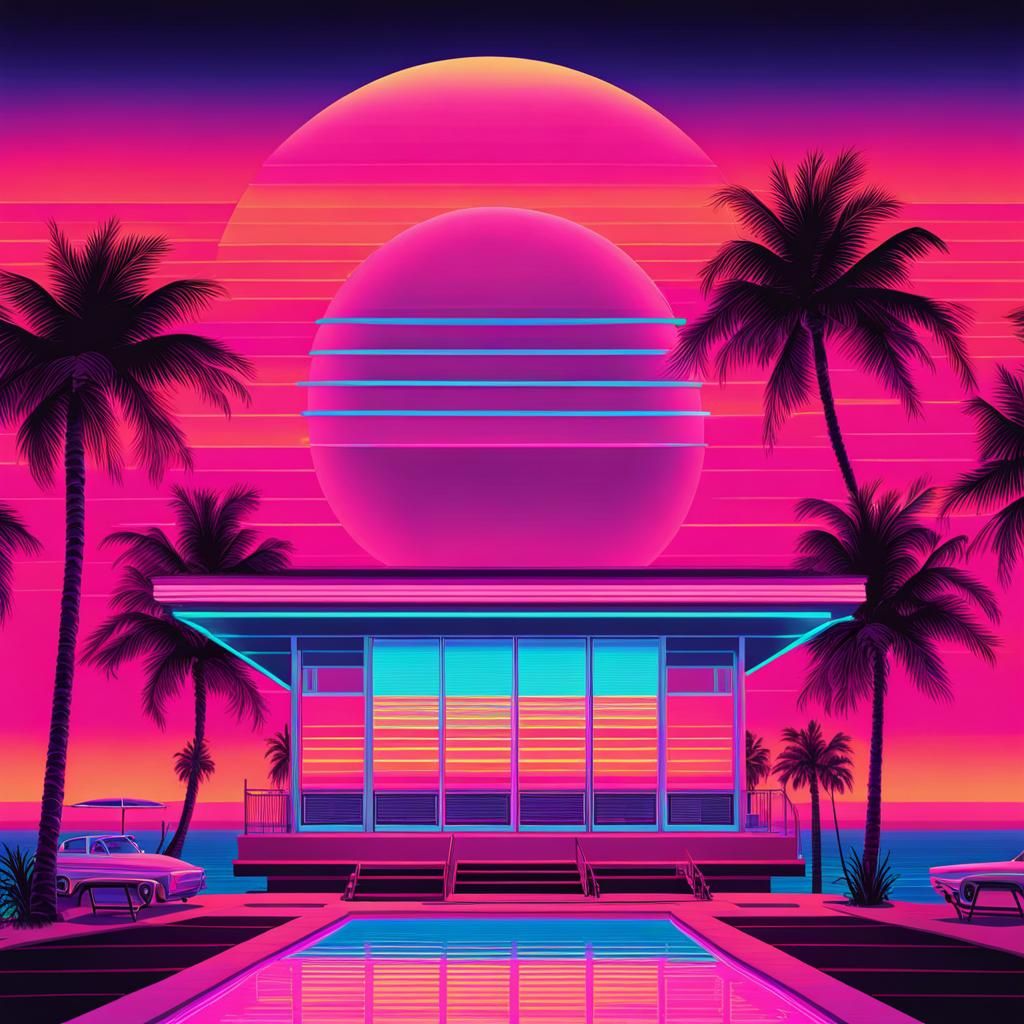 Vaporwave Lifeguard on California Beach at Sunset