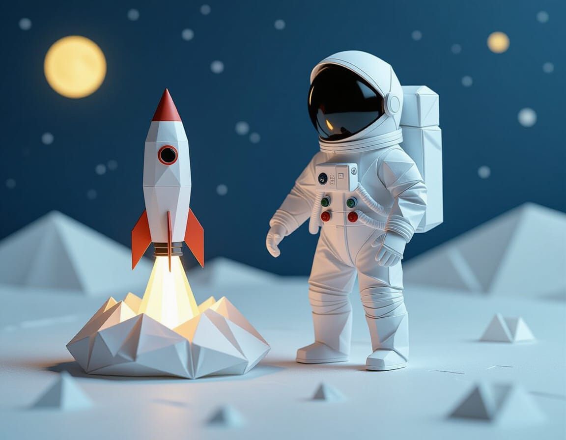 Origami Astronaut on Moon in Illustrative Style