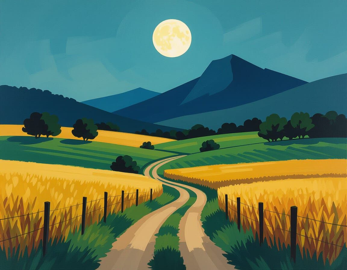 Serene Rural Landscape Under Full Moon with Mountain Range