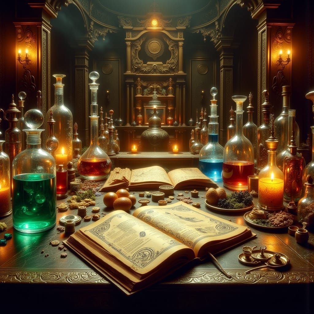 Golden Alchemy Table in Mysterious Candlelight