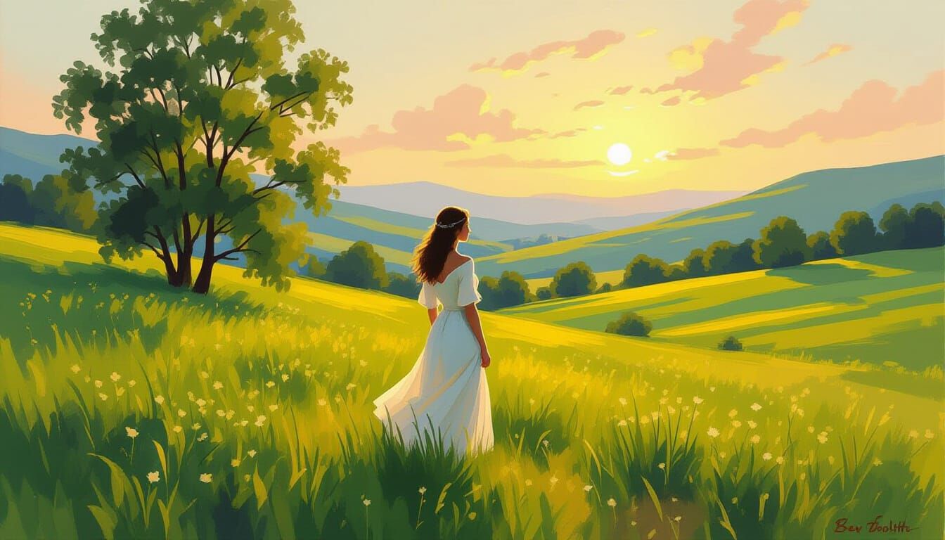 Woman in Meadow, Impressionist Painting